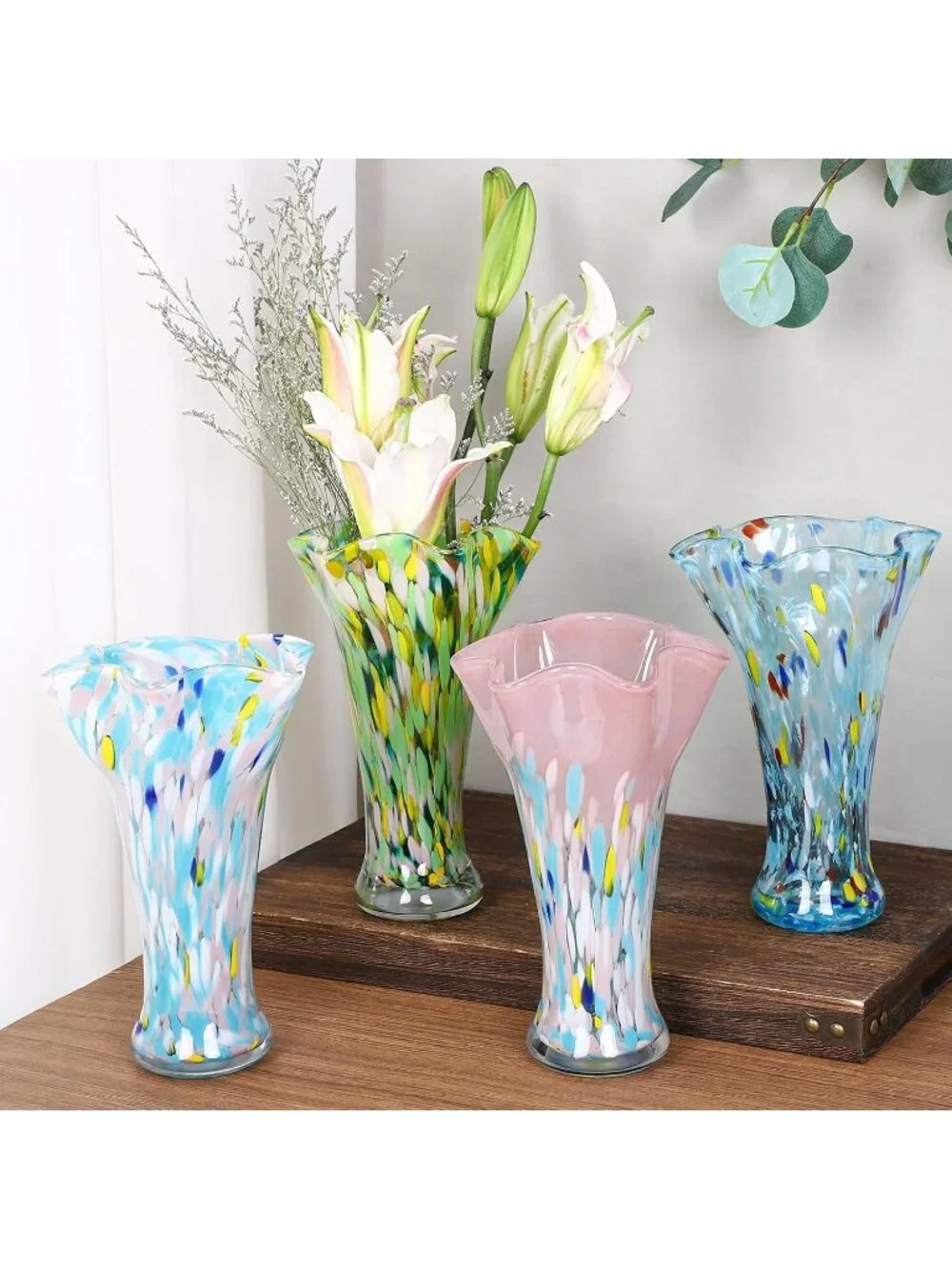 9.0 Aqua Blue Glass Vases Flower Bouquet Unique Hand Blown Wide Mouth Shelf Deco